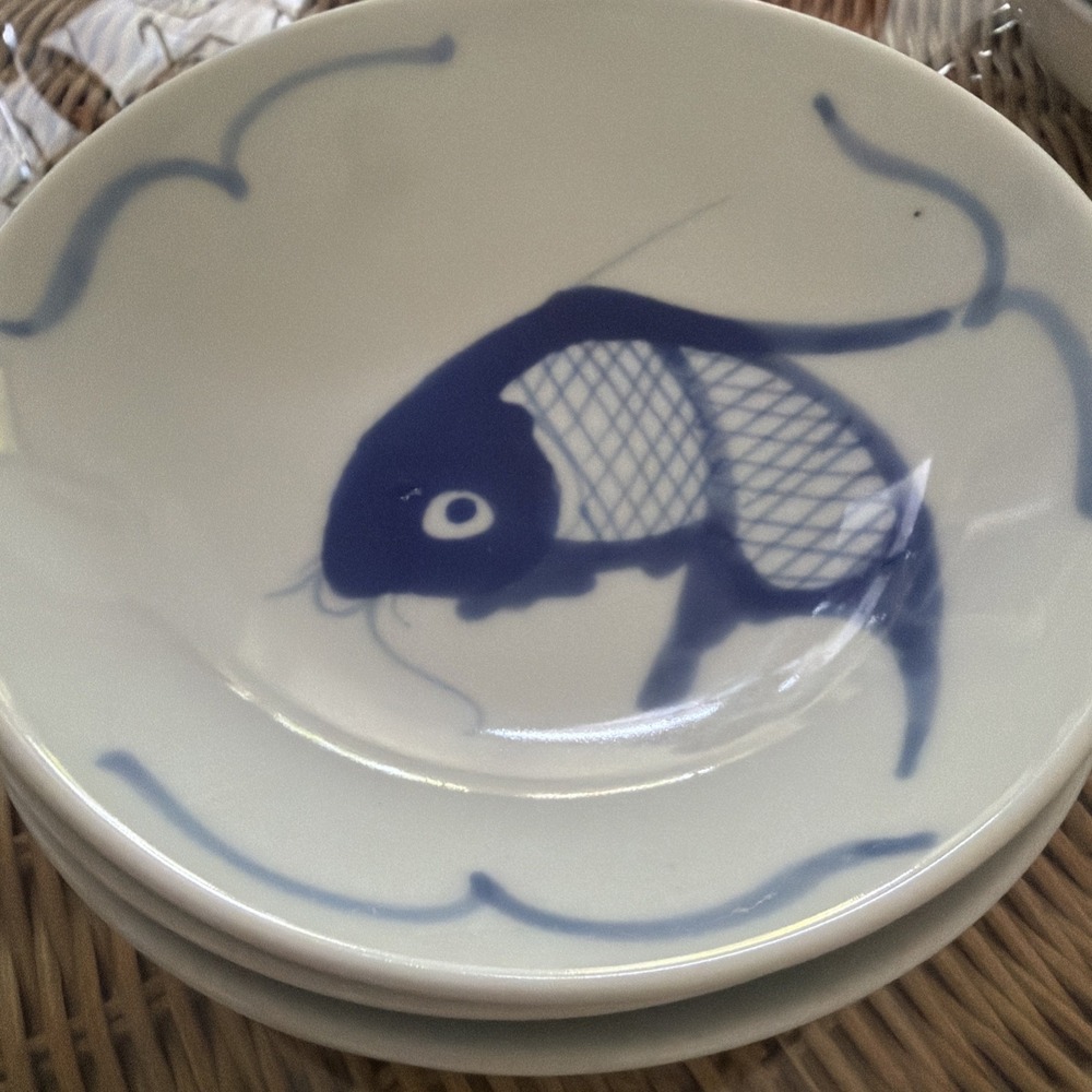 4 Vintage Koi Carp Fish Blue White Soup Bowl Bowls Hand Painted   6"